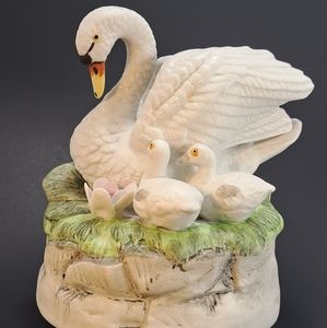 Vintage Porcelain Swan & Swanlings Rotating On Pond Music Box